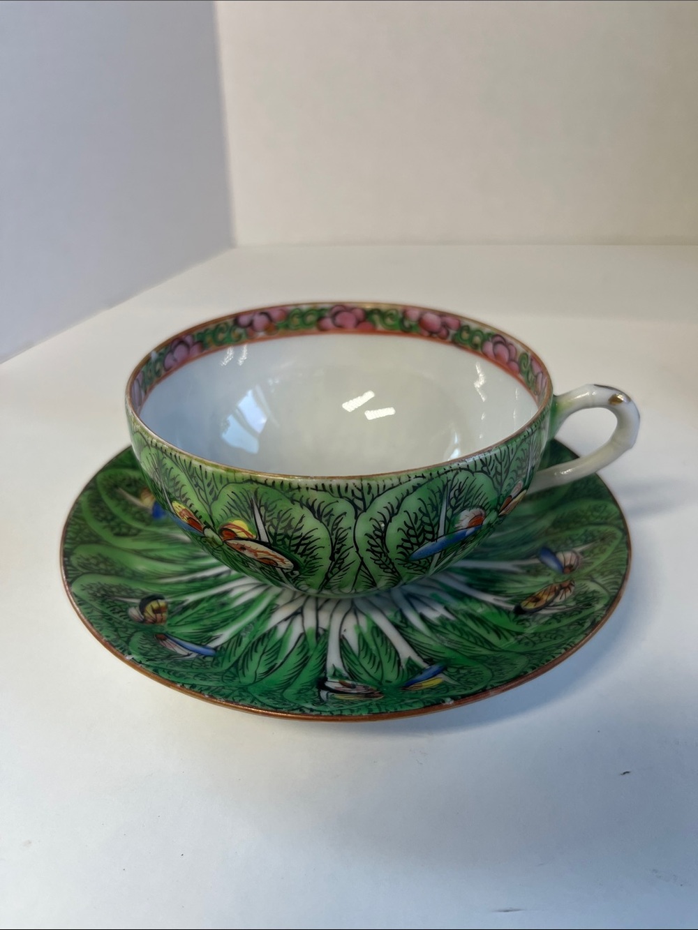 Vintage Chinese Famille Verte Bok Choy Tea Cup and Saucer (1)